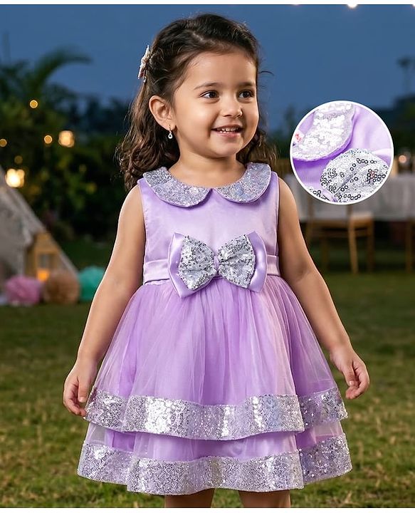Babyhug Sleeveless Fit & Flared Tiered Sequinned Embellished Peter Pan Collared & Bow Applique Mesh Party Frock - Lavender