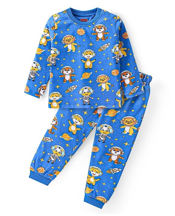 Babyhug Cotton Knit Full Sleeves Night Suit with Animal Print -  Blue