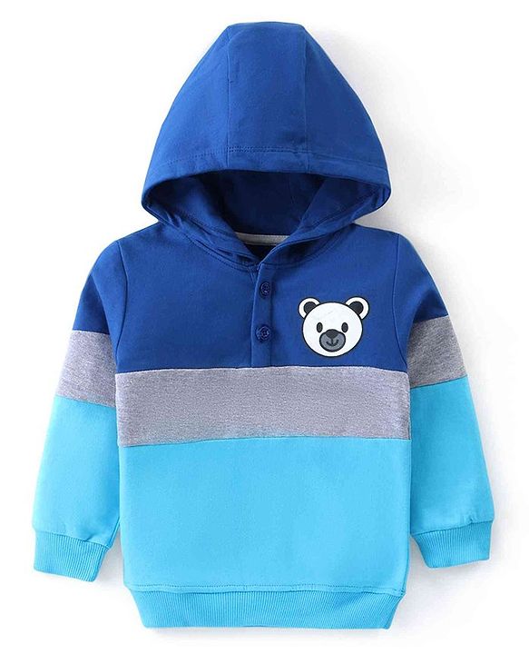 Babyhug Cotton Knit Full Sleeves Hooded Sweatshirt with Colour Block Design & Bear Print - Blue