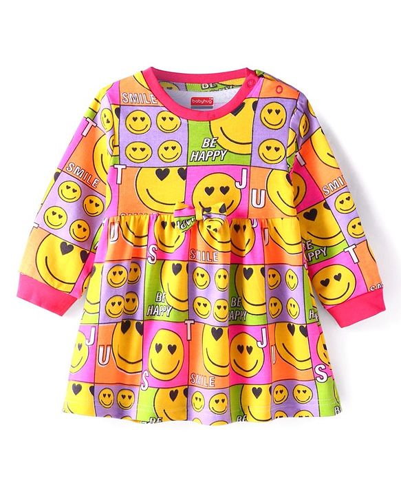 Babyhug Single Jersey Knit Full Sleeves Winter Frock with Smiley Print & Bow Applique- Yellow & Dark Pink