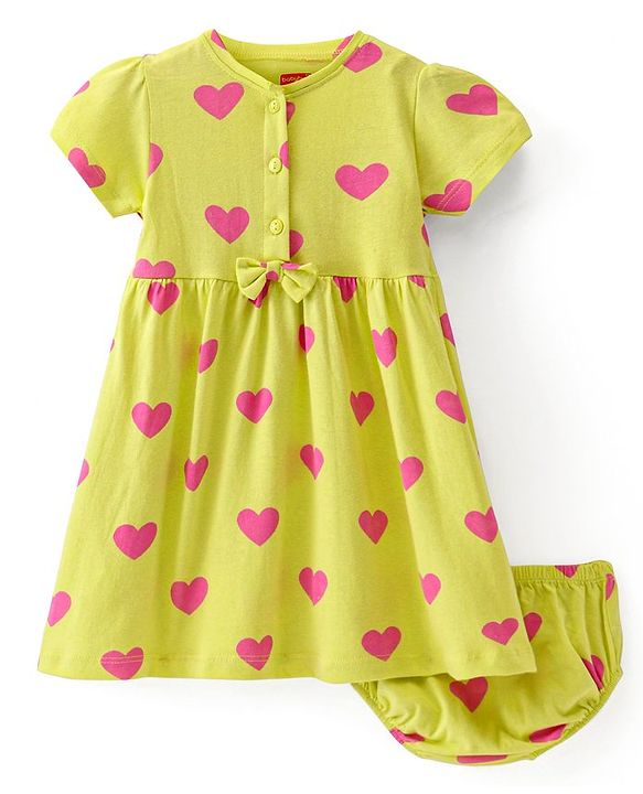 Babyhug Cotton Knit Half Sleeves Hearts Printed Henley Frock With Bloomer - Limegreen