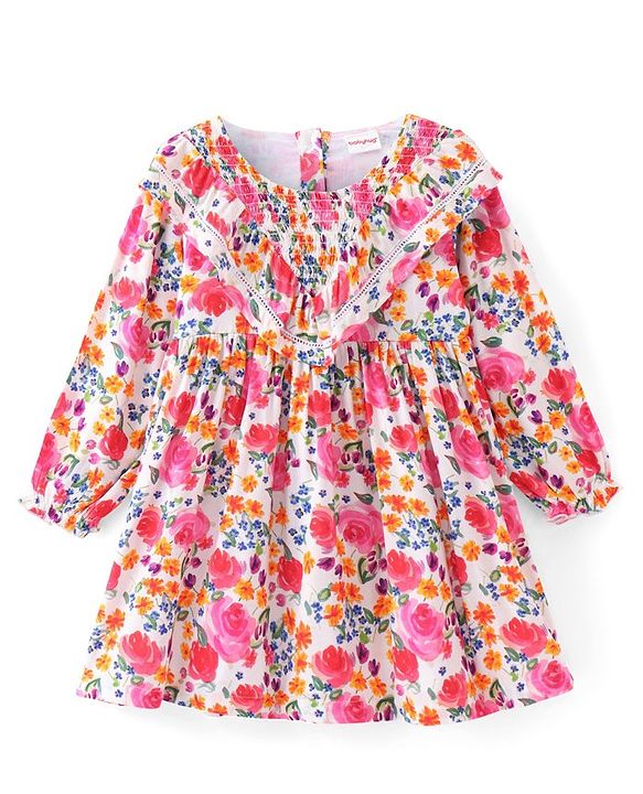 Babyhug Poplin Full Sleeves Knee Length Fit and Flare Frock Floral Print - White