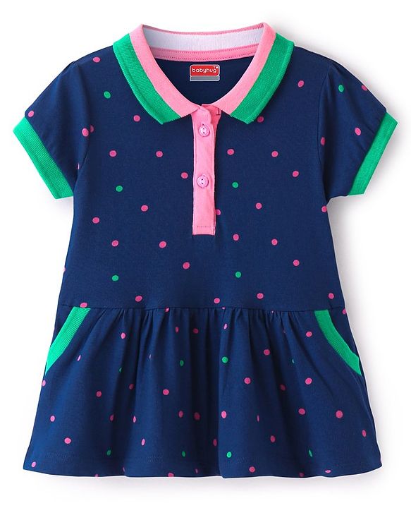 Babyhug Single Jersey Cap Sleeves Knee Length Collar Neck Frock with Pockets & Polka Dot Print - Navy