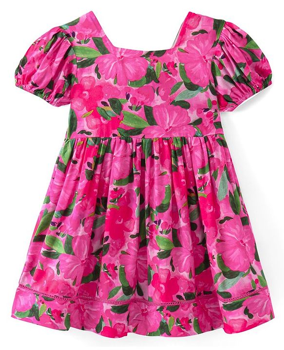 Babyhug Cotton Rayon Half Sleeves Knee Length Fit and Flare Frock Floral Print - Dark Pink