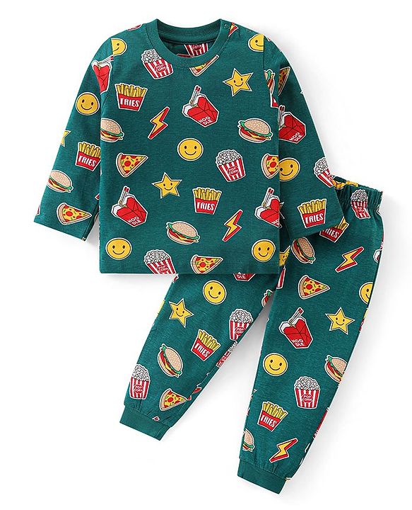 Babyhug Cotton Knit Full Sleeves Night Suit With Emoticons Print - Dark Green