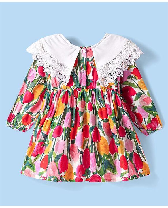 Babyhug Cotton Rayon Woven Full Peasant Sleeves Floral Printed Dress - Pink Red & Green