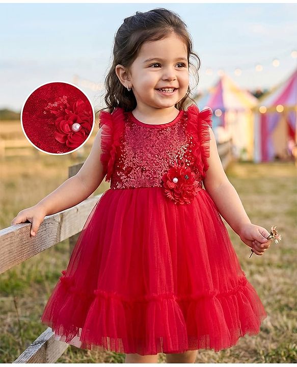 Babyhug Sleeveless Party Mesh Dress With Sequinned Yoke - Red