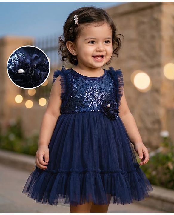 Babyhug Woven Sleeveless Fit & Flared Mesh Party Frock with Sequined Yoke Detailing & Floral Applique - Navy Blue
