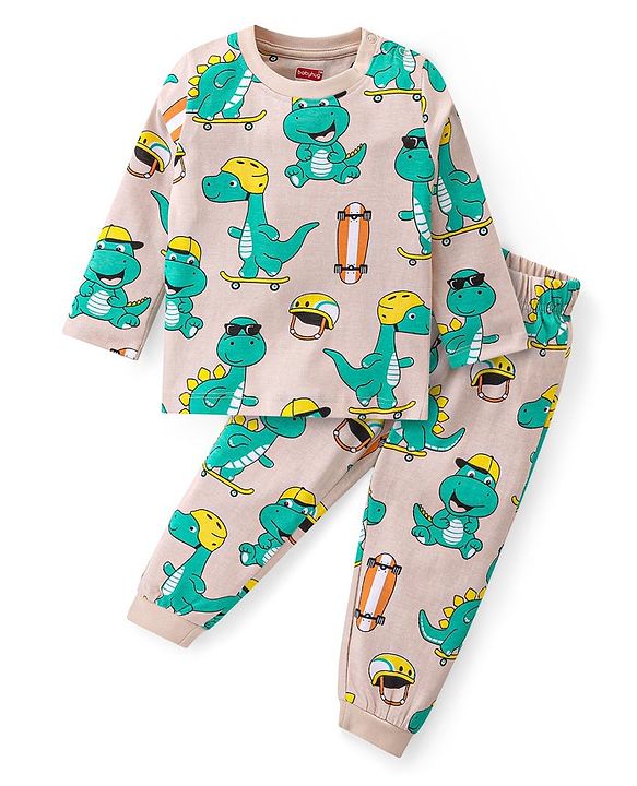 Babyhug Cotton Knit Full Sleeves Night Suit With Dino Print - Peach