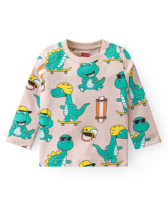 Babyhug Cotton Knit Full Sleeves Night Suit With Dino Print - Peach