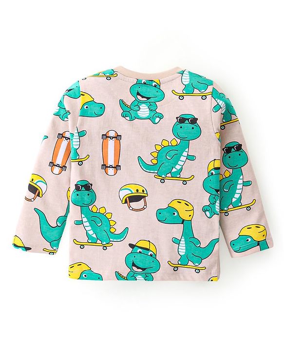 Babyhug Cotton Knit Full Sleeves Night Suit With Dino Print - Peach