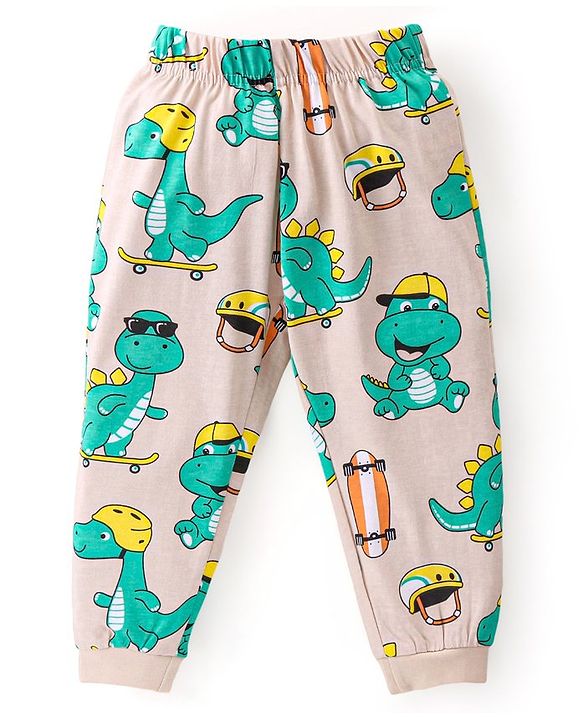 Babyhug Cotton Knit Full Sleeves Night Suit With Dino Print - Peach