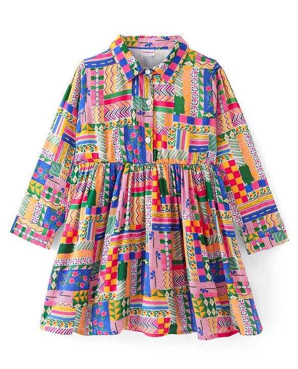 Babyhug Poplin Full Sleeves Knee Length Shirt Dress with Abstract Print - Multicolor