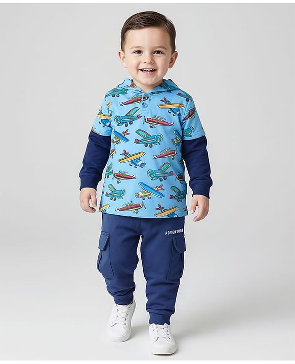 Babyhug Cotton Knit Doctor Sleeves Hooded T-Shirt & Lounge Pants Set With Airplanes Print - Light Blue