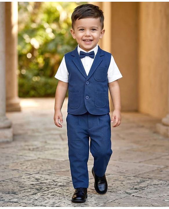 Babyhug Woven Full Sleeves Solid Colour 3 Piece Party Suit with Bow - Blue & White
