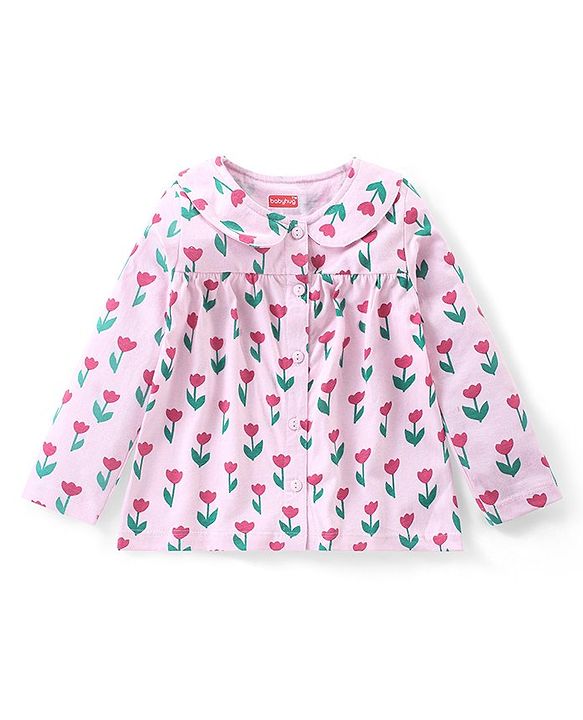 Babyhug Cotton Knit Full Sleeves Front Open Peter Pan Collared Night Suit With Floral Print - Pink