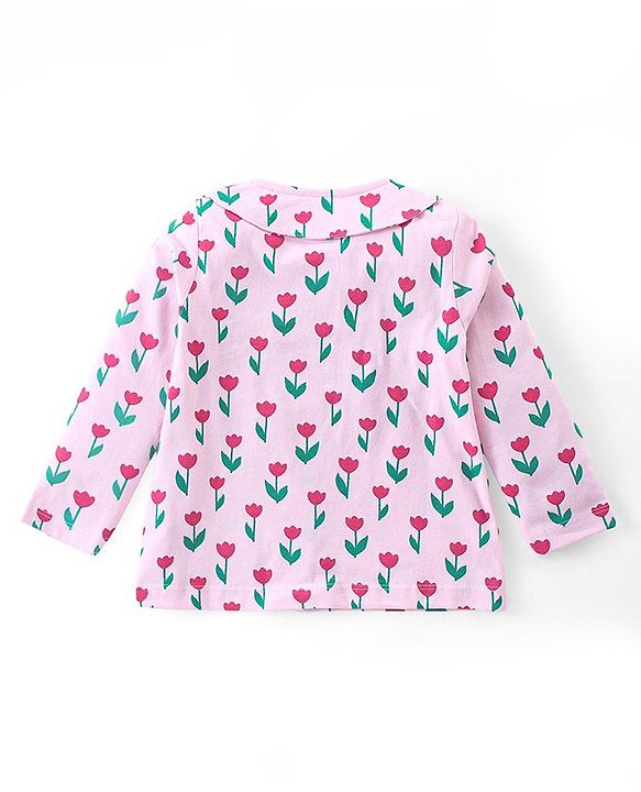 Babyhug Cotton Knit Full Sleeves Front Open Peter Pan Collared Night Suit With Floral Print - Pink