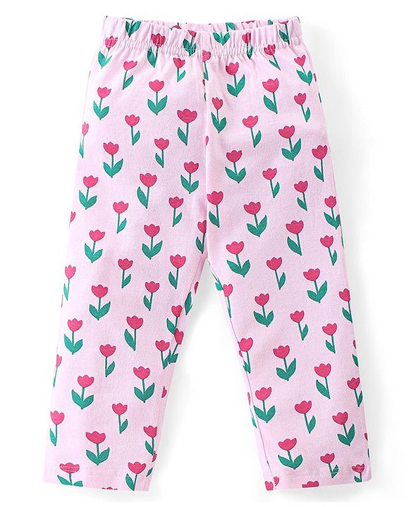 Babyhug Cotton Knit Full Sleeves Front Open Peter Pan Collared Night Suit With Floral Print - Pink
