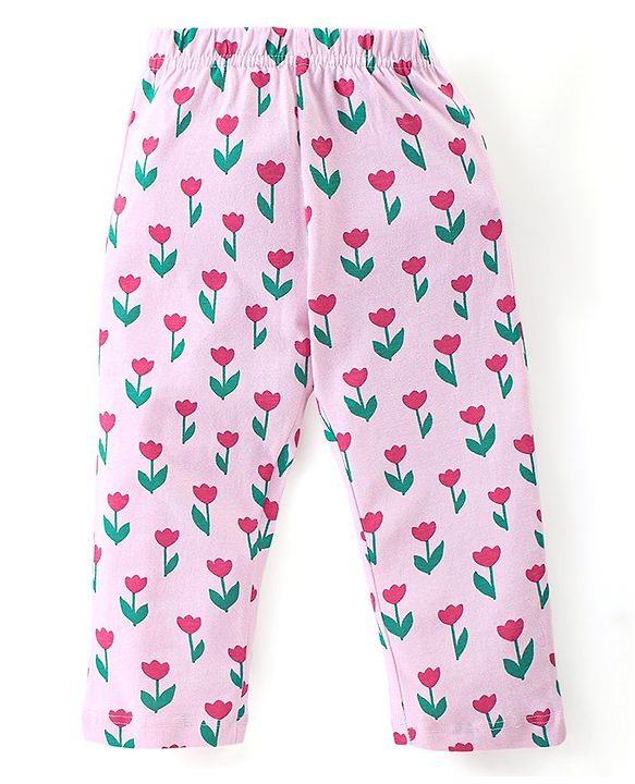 Babyhug Cotton Knit Full Sleeves Front Open Peter Pan Collared Night Suit With Floral Print - Pink