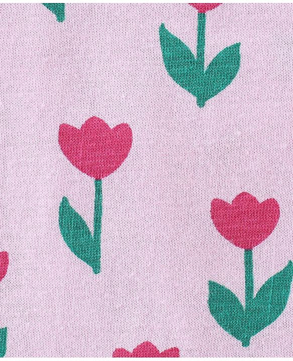 Babyhug Cotton Knit Full Sleeves Front Open Peter Pan Collared Night Suit With Floral Print - Pink