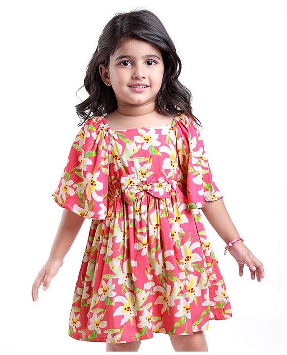 Babyhug Cotton Rayon Woven Flutter Sleeves Floral Printed Frock with Bow Applique - Pink