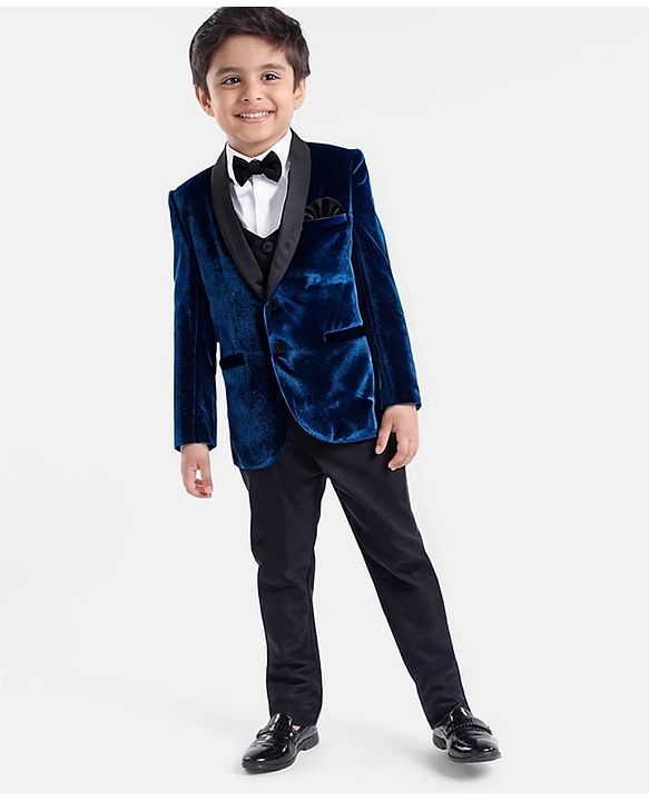 Babyhug Velvet Woven Full Sleeves 4 Piece Solid Colour Party Suit - Navy Blue