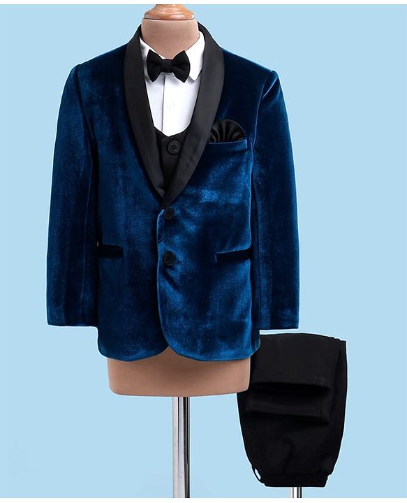 Babyhug Velvet Woven Full Sleeves 4 Piece Solid Colour Party Suit - Navy Blue