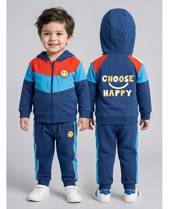 Babyhug Terry Knit Full Raglan Sleeves    Hooded Sweatjacket & Joggers Set with Cut & Sew Design - Blue & Red
