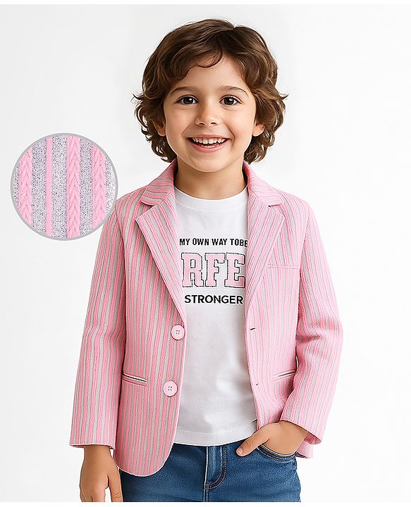 Babyhug Woven Full Sleeves Striped Embellished  Blazer with Text Printed T-Shirt - Pink & White