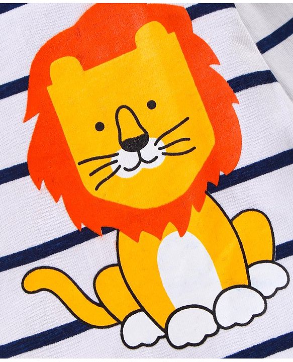 Babyhug Cotton Knit Full Sleeves T-Shirt with Stripes &  Lion Print - White