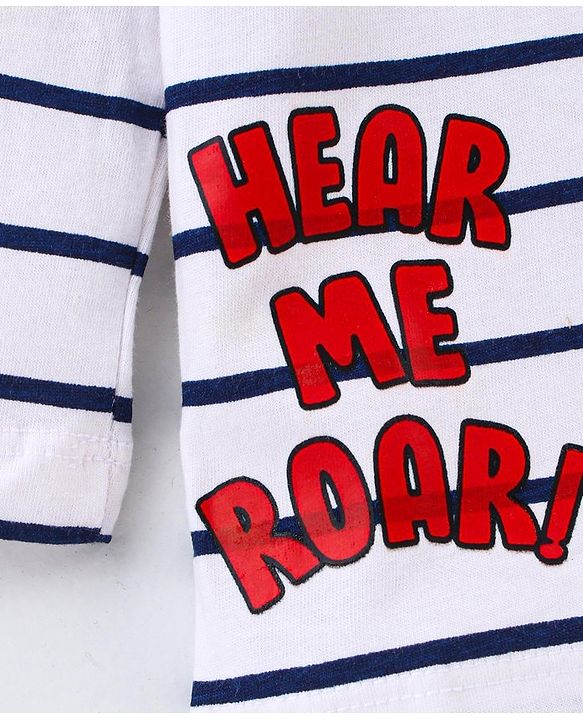 Babyhug Cotton Knit Full Sleeves T-Shirt with Stripes &  Lion Print - White
