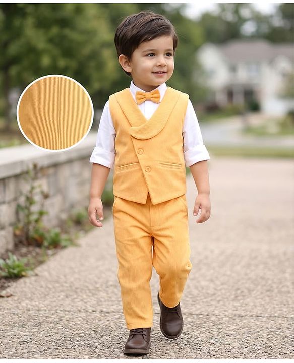 Babyhug Woven Full Sleeves Solid Colour  3 Piece Party Suit with Bow - Yellow