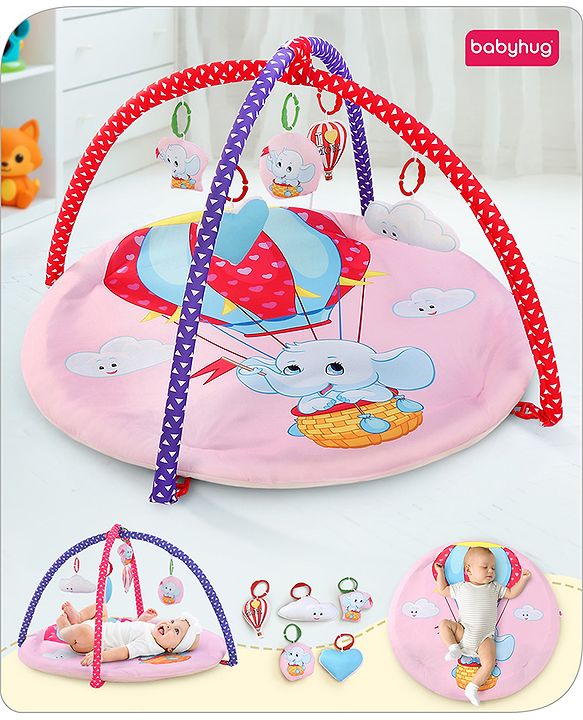 Babyhug Play Gym with Hanging Toys|Elephant on Air Balloon Theme Soft Activity Play Mat|Portable & Easy to Carry with Detachable Toys|2+ Months|Motor Skill Development |Ideal for gifting|BIS