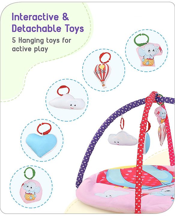 Babyhug Play Gym with Hanging Toys|Elephant on Air Balloon Theme Soft Activity Play Mat|Portable & Easy to Carry with Detachable Toys|2+ Months|Motor Skill Development |Ideal for gifting|BIS