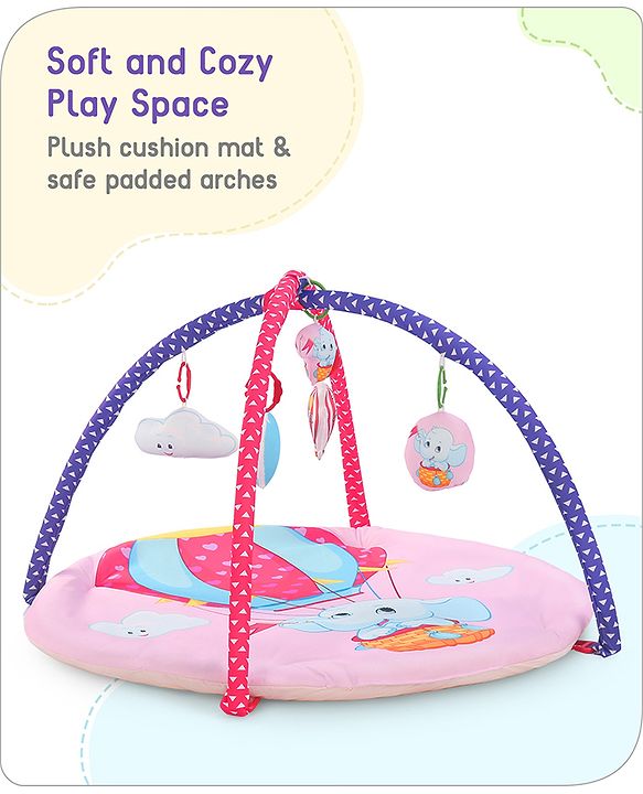 Babyhug Play Gym with Hanging Toys|Elephant on Air Balloon Theme Soft Activity Play Mat|Portable & Easy to Carry with Detachable Toys|2+ Months|Motor Skill Development |Ideal for gifting|BIS