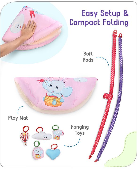 Babyhug Play Gym with Hanging Toys|Elephant on Air Balloon Theme Soft Activity Play Mat|Portable & Easy to Carry with Detachable Toys|2+ Months|Motor Skill Development |Ideal for gifting|BIS
