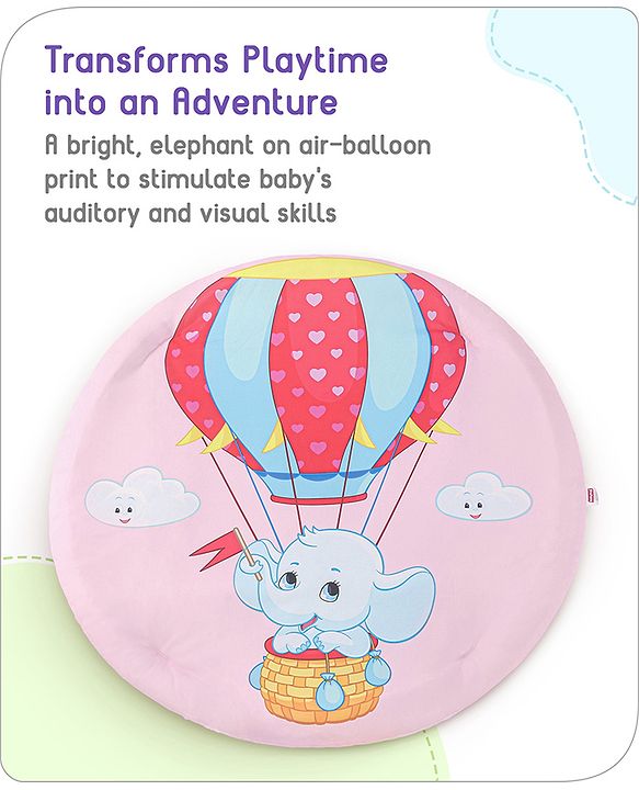 Babyhug Play Gym with Hanging Toys|Elephant on Air Balloon Theme Soft Activity Play Mat|Portable & Easy to Carry with Detachable Toys|2+ Months|Motor Skill Development |Ideal for gifting|BIS