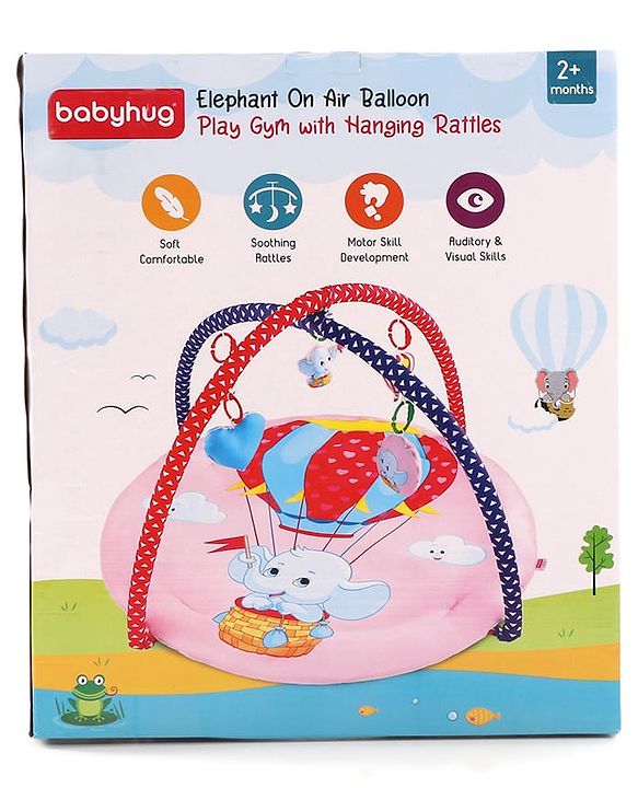 Babyhug Play Gym with Hanging Toys|Elephant on Air Balloon Theme Soft Activity Play Mat|Portable & Easy to Carry with Detachable Toys|2+ Months|Motor Skill Development |Ideal for gifting|BIS