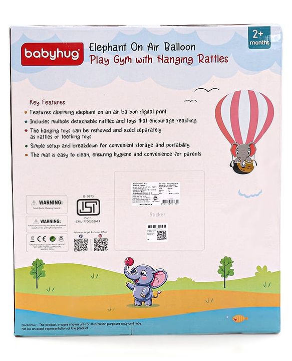 Babyhug Play Gym with Hanging Toys|Elephant on Air Balloon Theme Soft Activity Play Mat|Portable & Easy to Carry with Detachable Toys|2+ Months|Motor Skill Development |Ideal for gifting|BIS