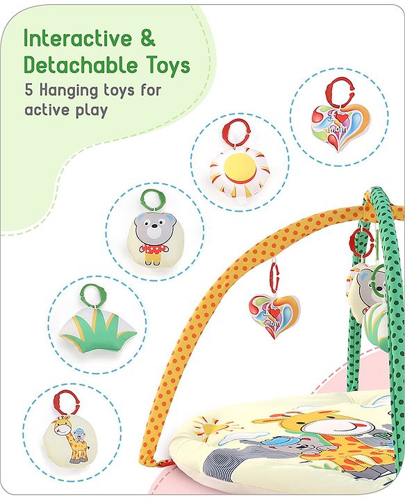 Babyhug Play Gym with Hanging Toys|Elephant on Air Balloon Theme Soft Activity Play Mat|Portable & Easy to Carry with Detachable Toys|2+ Months|Motor Skill Development |Ideal for gifting|BIS