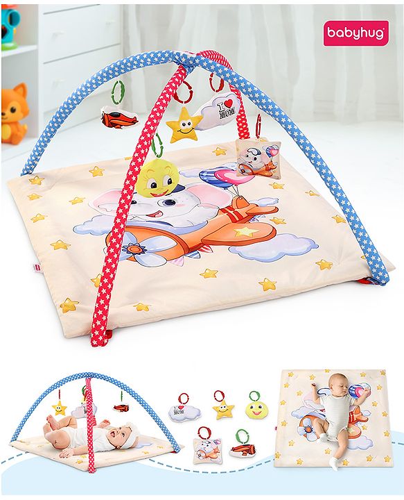 Babyhug Play Gym with Hanging Toys|Elephant on Air Balloon Theme Soft Activity Play Mat|Portable & Easy to Carry with Detachable Toys|2+ Months|Motor Skill Development |Ideal for gifting|BIS