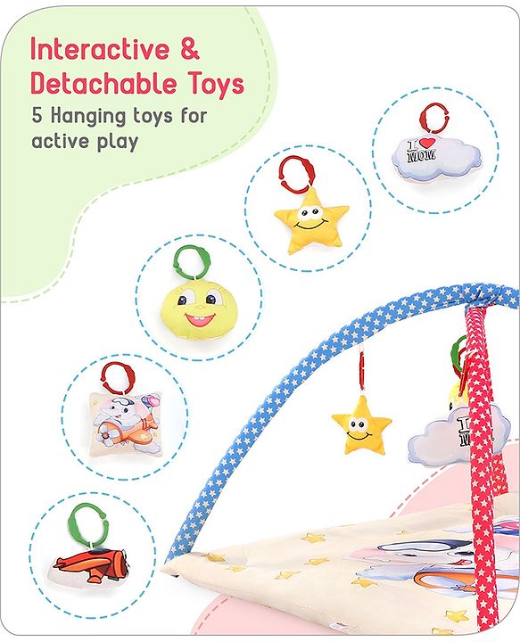 Babyhug Play Gym with Hanging Toys|Elephant on Air Balloon Theme Soft Activity Play Mat|Portable & Easy to Carry with Detachable Toys|2+ Months|Motor Skill Development |Ideal for gifting|BIS