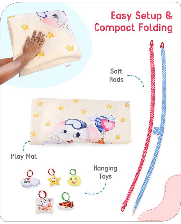 Babyhug Play Gym with Hanging Toys|Elephant on Air Balloon Theme Soft Activity Play Mat|Portable & Easy to Carry with Detachable Toys|2+ Months|Motor Skill Development |Ideal for gifting|BIS