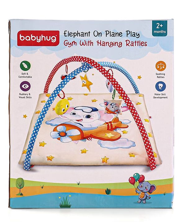 Babyhug Play Gym with Hanging Toys|Elephant on Air Balloon Theme Soft Activity Play Mat|Portable & Easy to Carry with Detachable Toys|2+ Months|Motor Skill Development |Ideal for gifting|BIS
