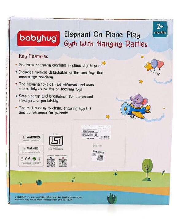 Babyhug Play Gym with Hanging Toys|Elephant on Air Balloon Theme Soft Activity Play Mat|Portable & Easy to Carry with Detachable Toys|2+ Months|Motor Skill Development |Ideal for gifting|BIS