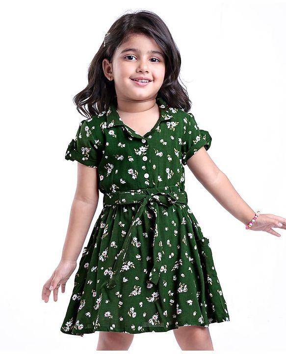 Babyhug Cotton Rayon Woven Half Sleeves Frock with Floral Prints - Dark Green