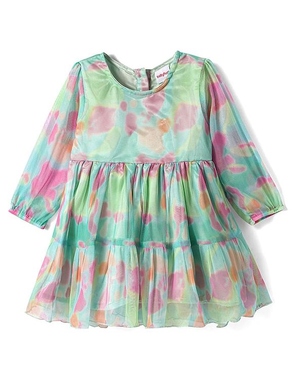 Babyhug Woven Full Peasant Sleeves Tie & Dyed Tiered Flared Frock - Sea Green