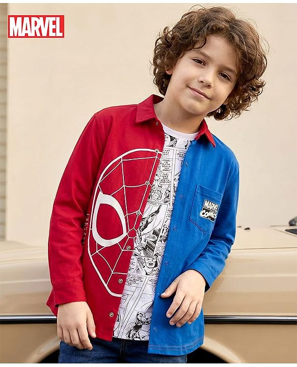 Pine Kids Marvel Terry Twofer Full Sleeve Shirt and Sleeveless T-Shirt Set With Spiderman Graphics and Pocket Detailing - Navy Red & White
