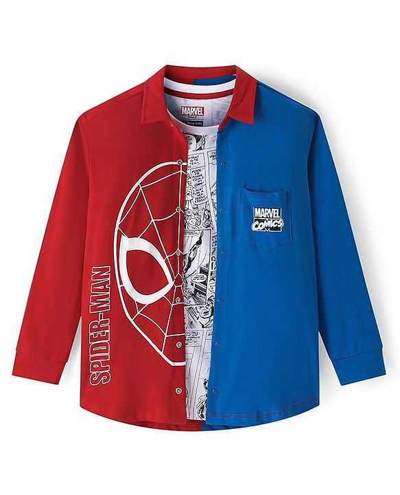 Pine Kids Marvel Terry Twofer Full Sleeve Shirt and Sleeveless T-Shirt Set With Spiderman Graphics and Pocket Detailing - Navy Red & White
