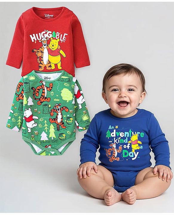Babyhug Disney Cotton Knit Full Sleeves Winne The Pooh Graphics Onesies Pack of 3 - Red Green & Blue